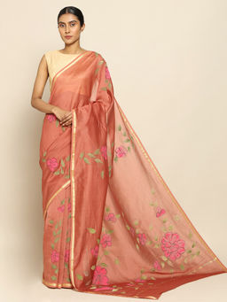 CHOWDHRAIN - Brown Handpainted Botanical Chanderi Saree with Unstitched Blouse Piece