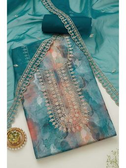 Soch - Turquoise Organza Abstract Unstitched Kurta, Unstitched Pant & Dupatta With Sequins (Set of 3)