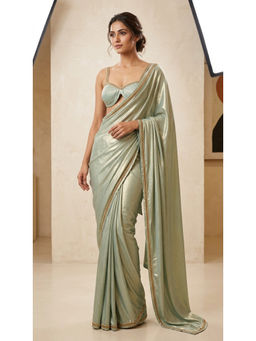 HANDME - Green Satin Lace Work Saree with Unstitched Blouse