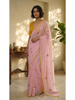 HANDME - Pink Mul Embroidered Floral Saree with Unstitched Blouse