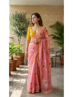 HANDME - Peach Mul Embroidered Floral Saree with Unstitched Blouse
