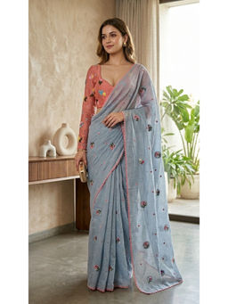 HANDME - Blue Mul Embroidered Floral Saree with Unstitched Blouse
