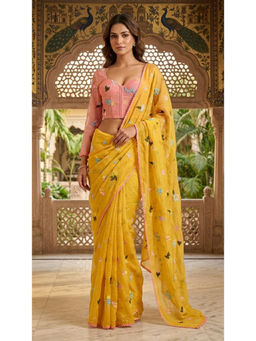 HANDME - Yellow Mul Embroidered Floral Saree with Unstitched Blouse