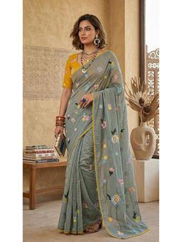 HANDME - Earthy Green Embroidered Mul Chanderi Saree with Unstitched Blouse