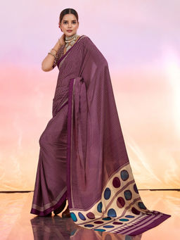MEENA BAZAAR - Wine Satin Printed Stripes Saree with Unstitched Blouse