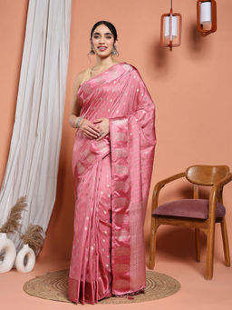 MEENA BAZAAR - Pink Art Silk Tassels Woven Handloom Saree with Unstitched Blouse