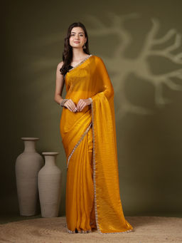 MEENA BAZAAR - Mustard Organza Embellished Solid Saree with Unstitched Blouse
