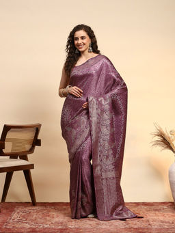 MEENA BAZAAR - Purple Satin Tassels Woven Handloom Saree with Unstitched Blouse
