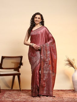 MEENA BAZAAR - Red Satin Tassels Woven Handloom Saree with Unstitched Blouse