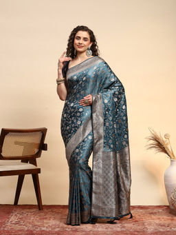 MEENA BAZAAR - Aqua Satin Tassels Woven Handloom Saree with Unstitched Blouse