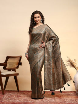 MEENA BAZAAR - Green Art Silk Tassels Woven Handloom Saree with Unstitched Blouse