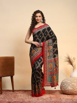 MEENA BAZAAR - Black Art Silk Tassels Printed Saree with Unstitched Blouse
