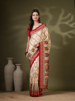MEENA BAZAAR - Cream Art Silk Tassels Printed Saree with Unstitched Blouse