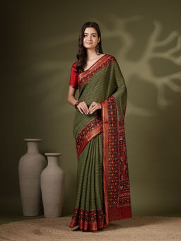MEENA BAZAAR - Green Art Silk Zari Stripes Saree with Unstitched Blouse