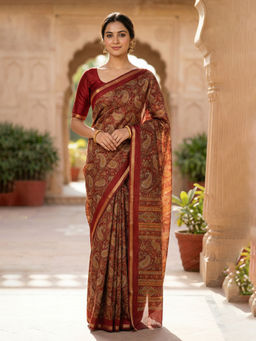 MEENA BAZAAR - Maroon Art Silk Tassels Printed Saree with Unstitched Blouse