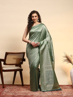 MEENA BAZAAR - Green Art Silk Tassels Woven Handloom Saree with Unstitched Blouse