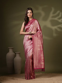MEENA BAZAAR - Magenta Art Silk Tassels Woven Handloom Saree with Unstitched Blouse