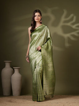 MEENA BAZAAR - Green Art Silk Tassels Woven Handloom Saree with Unstitched Blouse