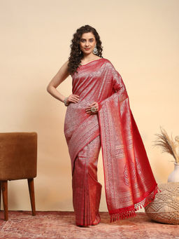 MEENA BAZAAR - Red Art Silk Tassels Woven Handloom Saree with Unstitched Blouse