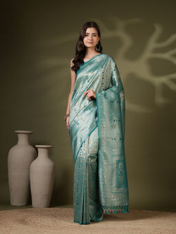 MEENA BAZAAR - Aqua Art Silk Woven Floral Handloom Saree with Unstitched Blouse