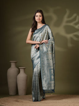 MEENA BAZAAR - Blue Art Silk Woven Floral Handloom Saree with Unstitched Blouse