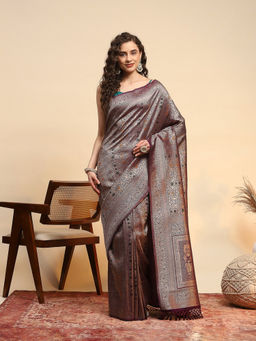 MEENA BAZAAR - Wine Art Silk Woven Floral Handloom Saree with Unstitched Blouse