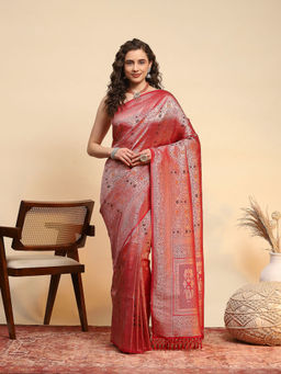 MEENA BAZAAR - Red Art Silk Woven Floral Handloom Saree with Unstitched Blouse