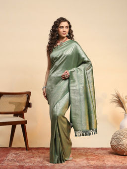 MEENA BAZAAR - Green Art Silk Tassels Woven Handloom Saree with Unstitched Blouse