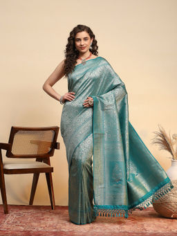 MEENA BAZAAR - Turquoise Art Silk Tassels Woven Handloom Saree with Unstitched Blouse