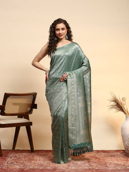 MEENA BAZAAR - Green Art Silk Tassels Woven Handloom Saree with Unstitched Blouse