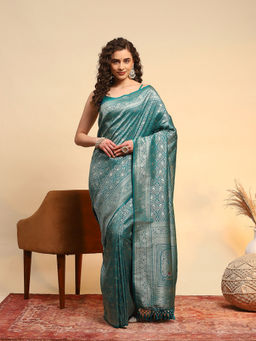 MEENA BAZAAR - Blue Art Silk Tassels Woven Handloom Saree with Unstitched Blouse