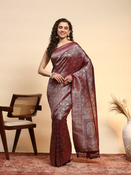 MEENA BAZAAR - Burgundy Art Silk Tassels Woven Handloom Saree with Unstitched Blouse