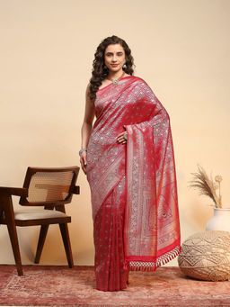 MEENA BAZAAR - Red Art Silk Tassels Woven Handloom Saree with Unstitched Blouse