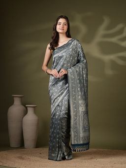 MEENA BAZAAR - Navy Blue Art Silk Tassels Woven Handloom Saree with Unstitched Blouse