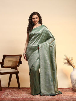 MEENA BAZAAR - Green Art Silk Tassels Woven Handloom Saree with Unstitched Blouse