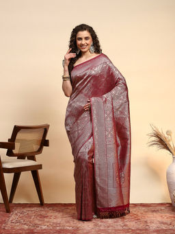 MEENA BAZAAR - Magenta Art Silk Tassels Woven Handloom Saree with Unstitched Blouse