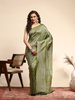 MEENA BAZAAR - Olive Art Silk Tassels Woven Handloom Saree with Unstitched Blouse