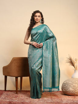 MEENA BAZAAR - Teal Art Silk Tassels Woven Handloom Saree with Unstitched Blouse
