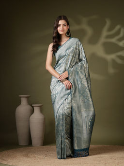 MEENA BAZAAR - Blue Art Silk Tassels Woven Handloom Saree with Unstitched Blouse