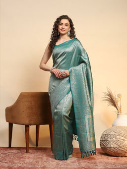 MEENA BAZAAR - Teal Art Silk Tassels Woven Handloom Saree with Unstitched Blouse