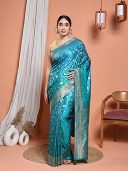 MEENA BAZAAR - Turquoise Satin Tassels Woven Handloom Saree with Unstitched Blouse
