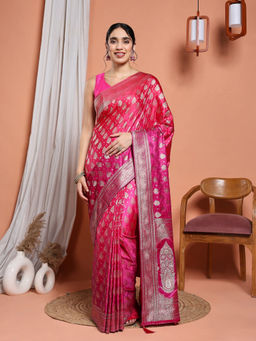 MEENA BAZAAR - Pink Satin Tassels Woven Handloom Saree with Unstitched Blouse