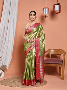 MEENA BAZAAR - Green Art Silk Tassels Woven Handloom Saree with Unstitched Blouse