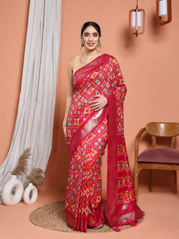 MEENA BAZAAR - Pink Art Silk Patola Printed Saree with Unstitched Blouse