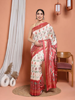 MEENA BAZAAR - Beige Art Silk Printed Floral Saree with Unstitched Blouse