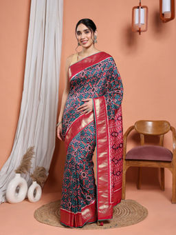 MEENA BAZAAR - Blue Art Silk Tassels Printed Saree with Unstitched Blouse