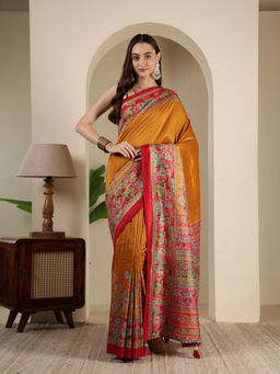 MEENA BAZAAR - Mustard Art Silk Tassels Printed Saree with Unstitched Blouse