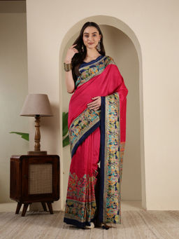MEENA BAZAAR - Pink Art Silk Tassels Printed Saree with Unstitched Blouse