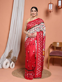 MEENA BAZAAR - Red Art Silk Printed Floral Saree with Unstitched Blouse