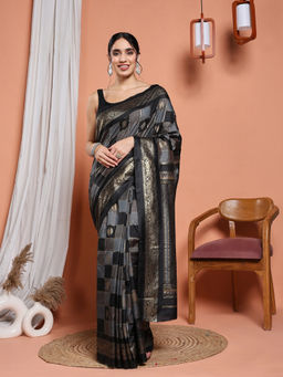 MEENA BAZAAR - Black Art Silk Zari Woven Handloom Saree with Unstitched Blouse
